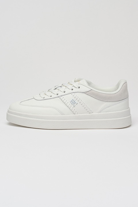 Tommy Hilfiger, Pantofi sport Court low-cut cu monograma, Maro taupe deschis/Alb optic