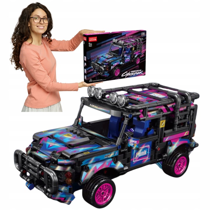 Set de constructie auto teren cu 768 elemente, inspirat de Land Rover Defender, gri cu detalii galbene si negre