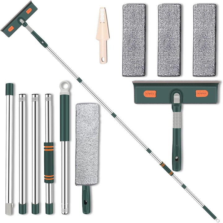 Многофункционална телескопична чистачка за прозорци, Simply Joy, 2 в 1, Регулируема, 29-210 см, с 3 микрофибърни кърпи, стъргалка за прозорци, Ергономичен дизайн, Лесна за използване, Въртяща се на 180°, за прозорци, плочки или под