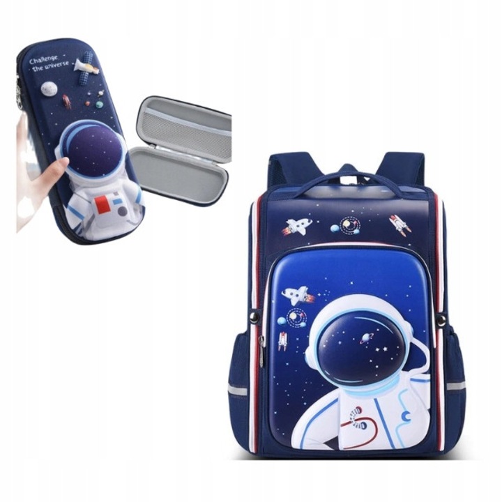 Iskolatáska 3D űrhajós, tolltartóval, 41x31x21cm, többszínű