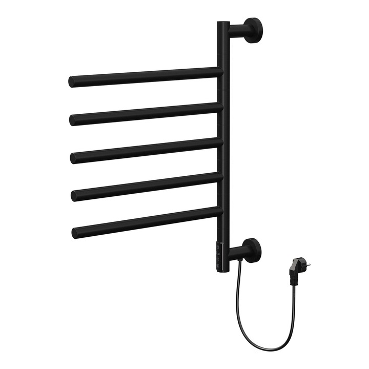 Radiator electric de baie portprosop LuxeBath 75Watt, 45-60°C, 450x622 mm negru mat, uscator de prosoape tip scara, 5 brate rotative 180°, functie de temporizator si ecran tactil digital