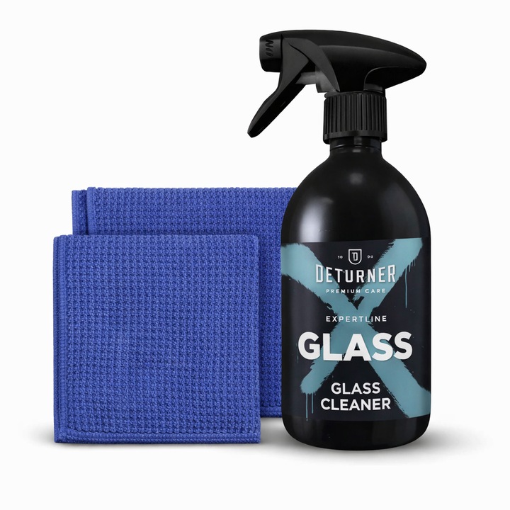 Deturner XpertLine Glass 500 ml si 2 Lavete Waffle Glass Microfiber 400 GSM – Set Profesional Curatare Geamuri