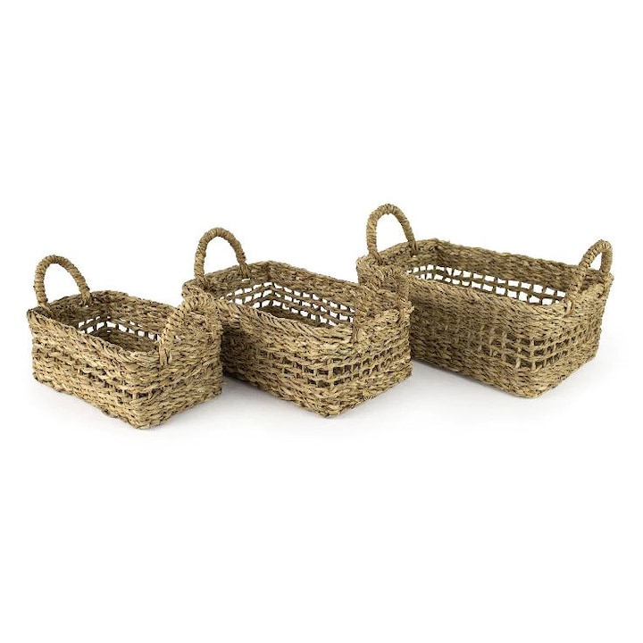 Set 3 Cosuri Depozitare din Ratan Natural – Organizatoare Decorative cu Manere – Stil Rustic/Boho – Dimensiuni 30/25/20 cm