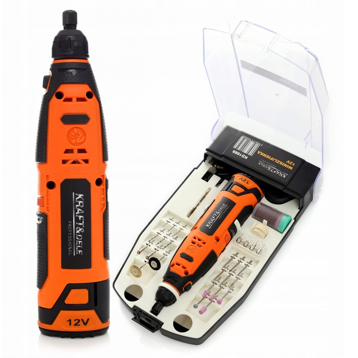 Mini polizor 12V KD1669, set 55 accesorii, viteza variabila, dimensiuni compacte