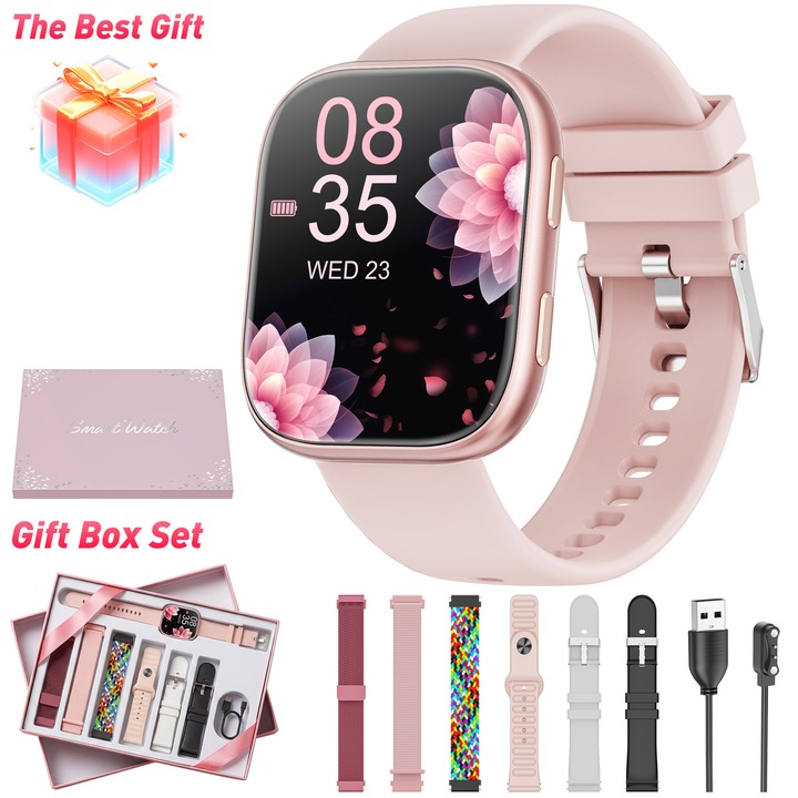 Ceas Smartwatch dama, Hwagol, T8, Ecran 1.85 ", set de curele multiple, apeluri Bluetooth, managementul sanatatii femeilor, monitorizator de fitness, ritm cardiac, monitorizare a oxigenului sanguin, monitorizare a somnului, modul de exercitii fizice, roz