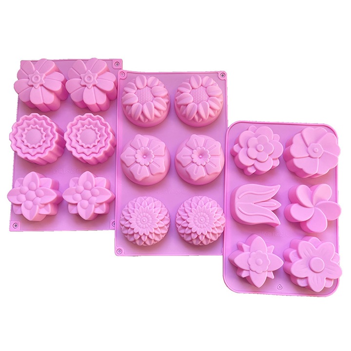 Set 3 forma prajituri, AFKSMILE, 18 forme flori, Silicon de calitate alimentara, Usor de curatat, Pentru masina de spalat vase, -40°C si +230°C, Pentru ciocolata sau prajituri, matrita decorare sau cuburi de gheata, 28 * 17 * 3.5cm, Roz