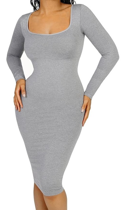 Rochie de compresie, mulata, lunga, decolteu patrat, gri, Gri