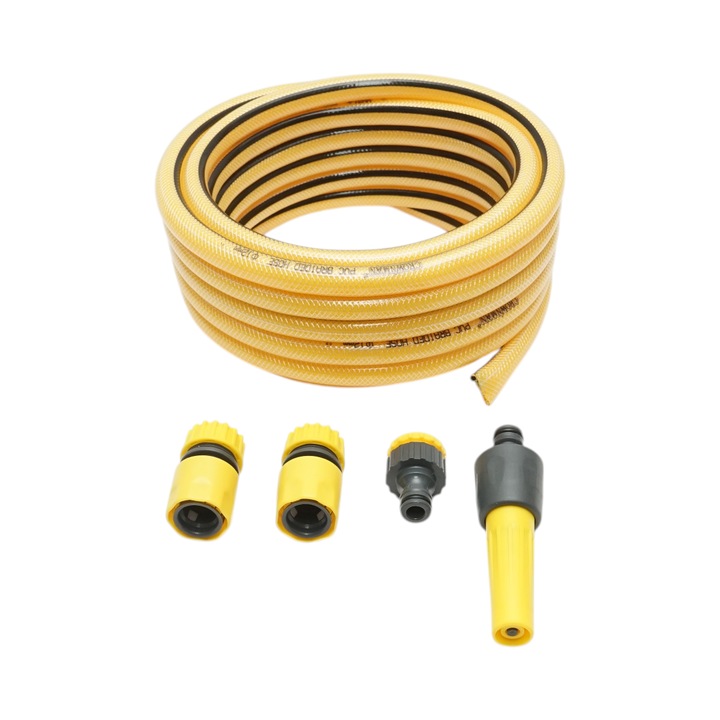 Crownman 7.5m PVC fonott kerti tömlő szett 1/2 inch állítható szórófejjel, csatlakozókkal és 3/4-1/2 inch csapadapterrel