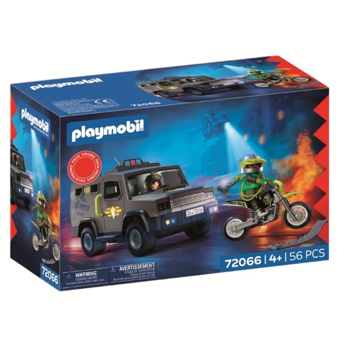 Комплект фигурки Playmobil SWAT 72066, бронирано превозно средство, 1 SWAT офицер, 1 престъпник, многоцветен, 4+ години