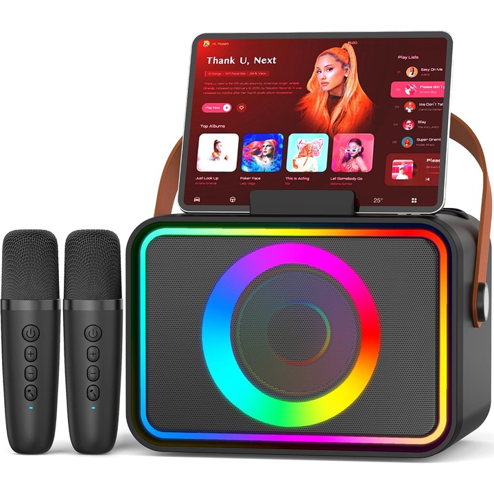 Sistem Karaoke Portabil XPQKDC®, Boxa Bluetooth cu 2 Microfoane Wireless, Lumini LED RGB, Sistem PA Profesional, Suport USB, Card TF si AUX, Sunet Hi-Fi, Ideal pentru Petreceri, Negru