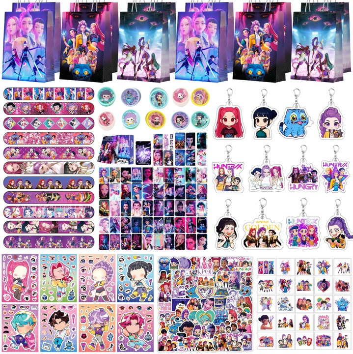 227pcs Set Accesorii Petrecere cu KPop Demon Hunter, InBoxxarty, Pungi Cadou KPop Demon Hunter, Card, Stickere etc Decoratiuni Aniversare KPop Demon Hunter