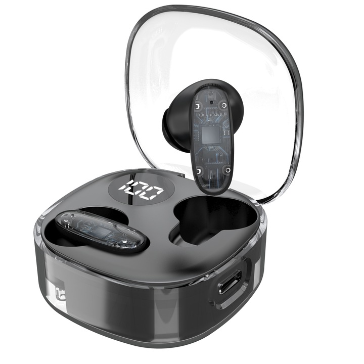Bluetooth fülhallgató, In-ear vezeték nélküli, Vezeték nélküli fülhallgató, LED kijelző, Átlátszó, elegáns design, Hi-Fi hangzás, 36 óra üzemidő, IPX4, Bluetooth 5.3, Univerzális kompatibilitás, fekete