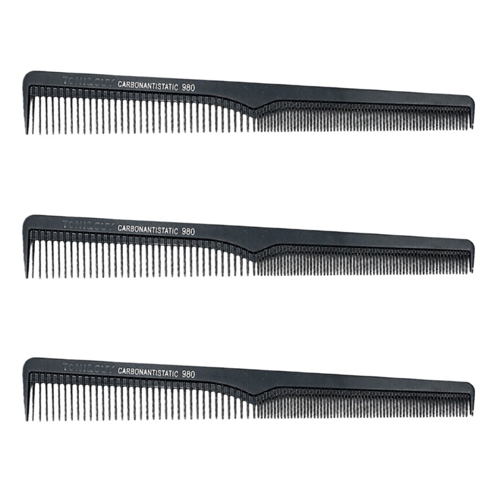 Set 3 Pieptan curbat Profesional pentru tuns, anti-static, ionic, 18.5 cm, Lunniquee®, Negru