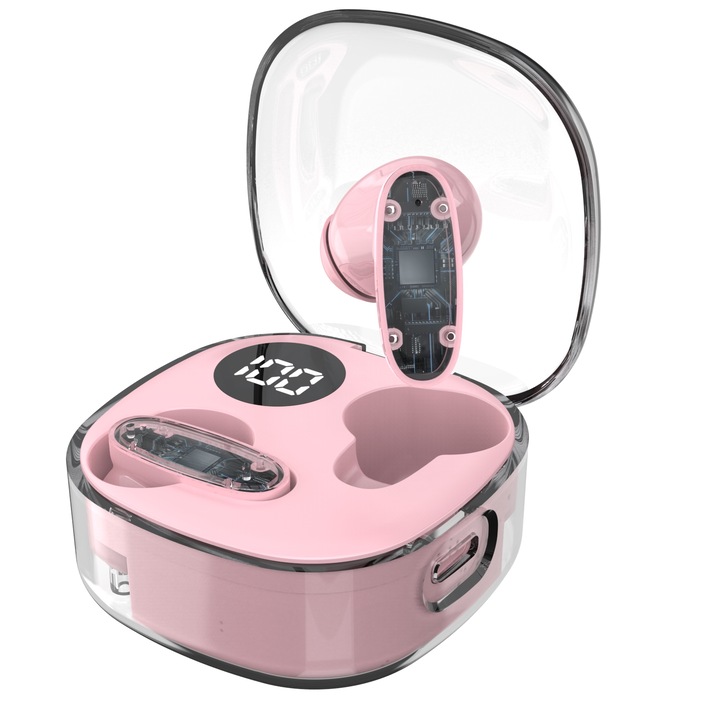 Bluetooth fülhallgató, In-ear vezeték nélküli, Vezeték nélküli fülhallgató, LED kijelző, Átlátszó, elegáns design, Hi-Fi hangzás, 36 óra üzemidő, IPX4, Bluetooth 5.3, Univerzális kompatibilitás, rózsaszín