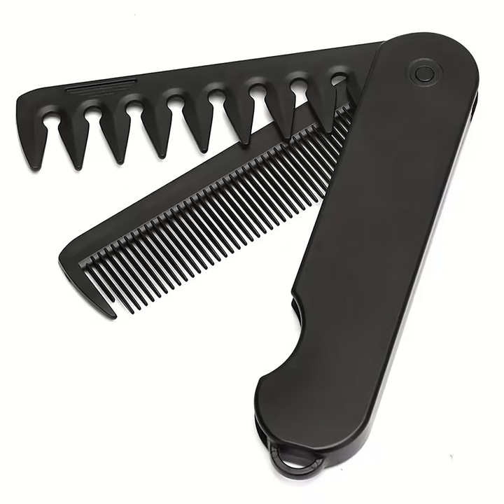 Pieptene Pliabil 2 in 1 pentru Barbati, DUAIU, Cu Dinti Fin si Lati, Design Compact Portabil pentru Calatorie, Perfect pentru Styling Zilnic si Ingrijirea Parului, Barbii si Mustatii, Negru