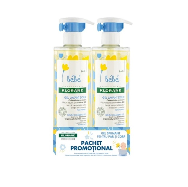 Pachet Gel spumant pentru par si corp Klorane Bebe, 2x500 ml