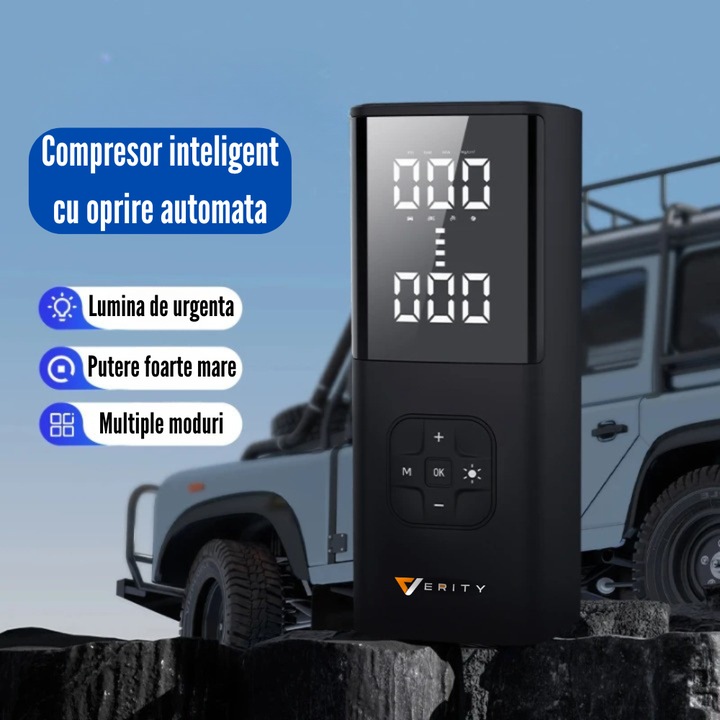 Compresor Auto Portabil VERITY®, cu oprire automata, Debit 25L/Min, 150 PSI, 12V, Functie Power Bank, Baterie 6000 mAh, Manometru, Lanterna, Pompa Aer Roti pentru Masini, Bicilete, Mingii, Accesorii incluse, Culoare Negru