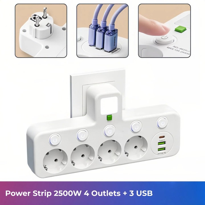 Priza multipla, design cu cinci prize cu intrerupatoare individuale, cu iluminare nocturna integrata, protectie de siguranta impotriva scurgerilor de curent, alba