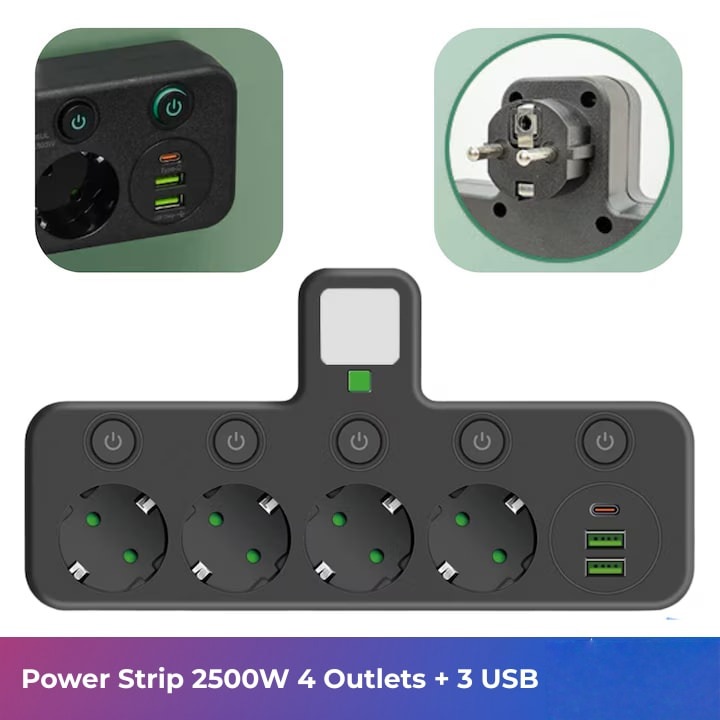 Priza multipla, design cu cinci prize cu intrerupatoare individuale, cu iluminare nocturna integrata, protectie de siguranta impotriva scurgerilor de curent, negru