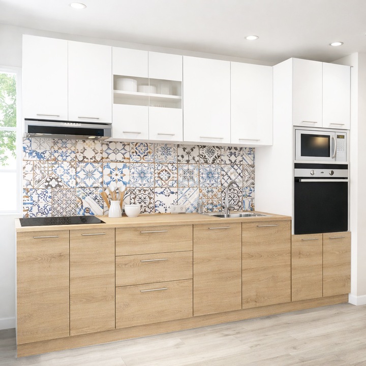 Set mobilier de bucatarie cu soft-close, BadenMob Germania, 260cm, corpuri inalte, blat gros, corp cuptor-cuptor cu microunde, Sonoma/Alb