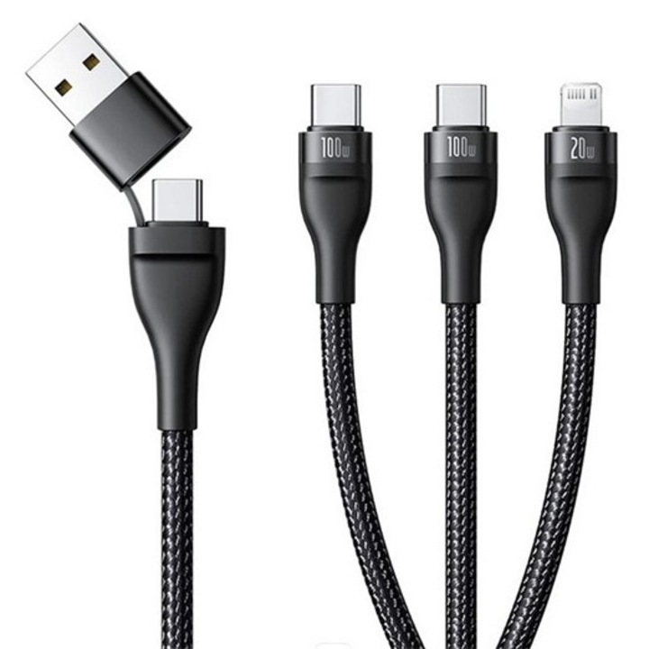 Baseus flash series iii adatkábel 3in1, type-c/usb - 2 type-c/lightning, pd gyorstöltő, 100w, 150cm, fekete