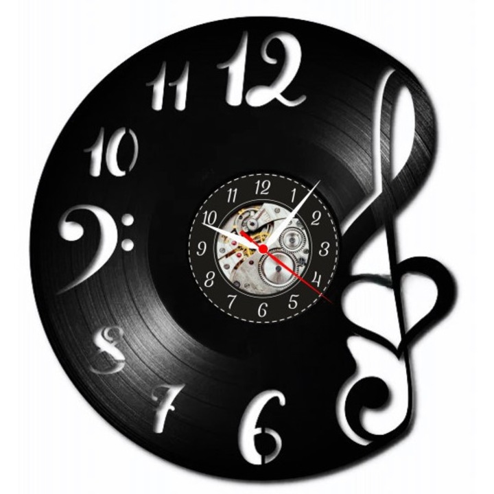 Dekoratív falióra "Zenei szív és kulcs", bakelitlemezből (Vinyl Record) készült, Melomán & Művészet design, Fekete, 30 cm