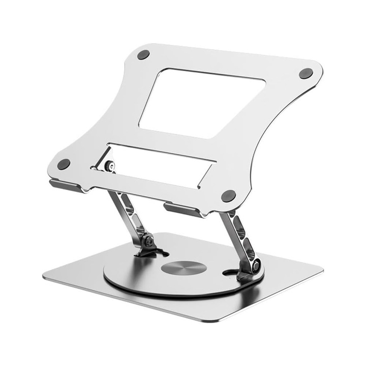 Suport laptop reglabil NEXTLY, 10-17.3 inch, baza rotativa 360°, inaltime reglabila 180°, anti-alunecare, orificii racire, pliabil, portabil, stabil, metal, 26x22x31cm, argintiu
