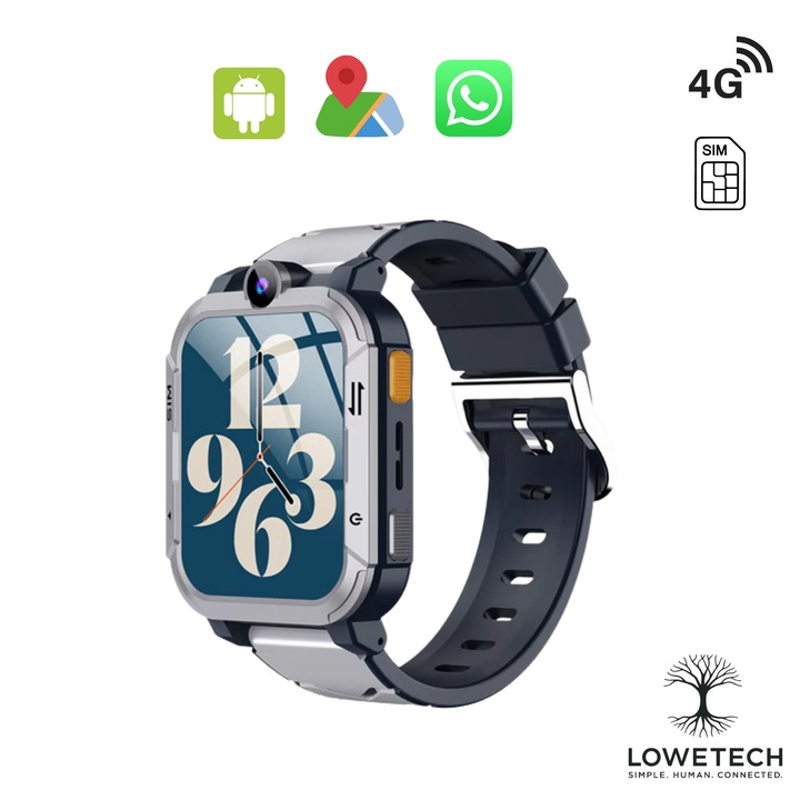 Ceas Smartwatch Copii LOWETECH, Android, 4G, GPS, Apel Video, Buton SOS, Whatsapp, Facebook, Youtube, Tiktok, Camera 3MP, Rezolutie HD, Culoare Gri