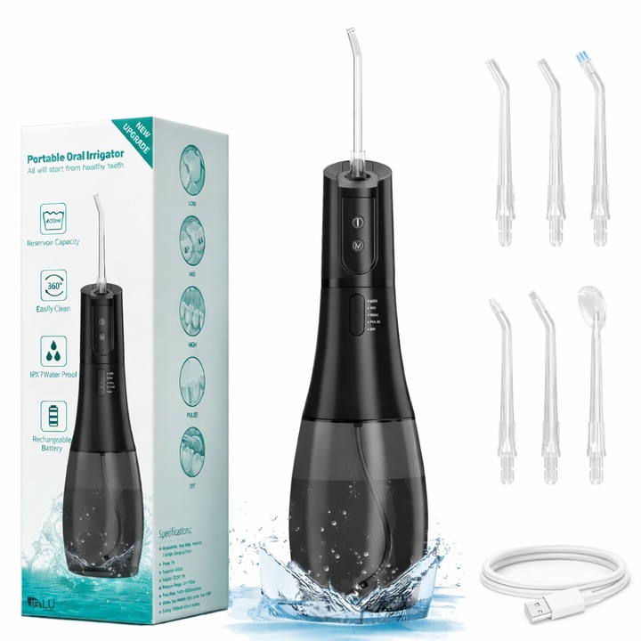 Irigator Bucal Profesional Tip Dus bucal Portabil iBLU smart, 1400-1800 Pulsatii/min, 6 Capete cu Rotatie 360, 5 Programe, Mod DYI, Rezervor cu Gravity Ball Complet Detasabil 400 ml, IPX7, Materiale Non-toxice, Timer 2min, Baterie 1100 mAh, Negru