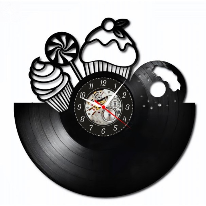 Dekoratív falióra "Édes Finomságok & Cupcakes", bakelitlemezből készült, Cukrászda & Desszert design