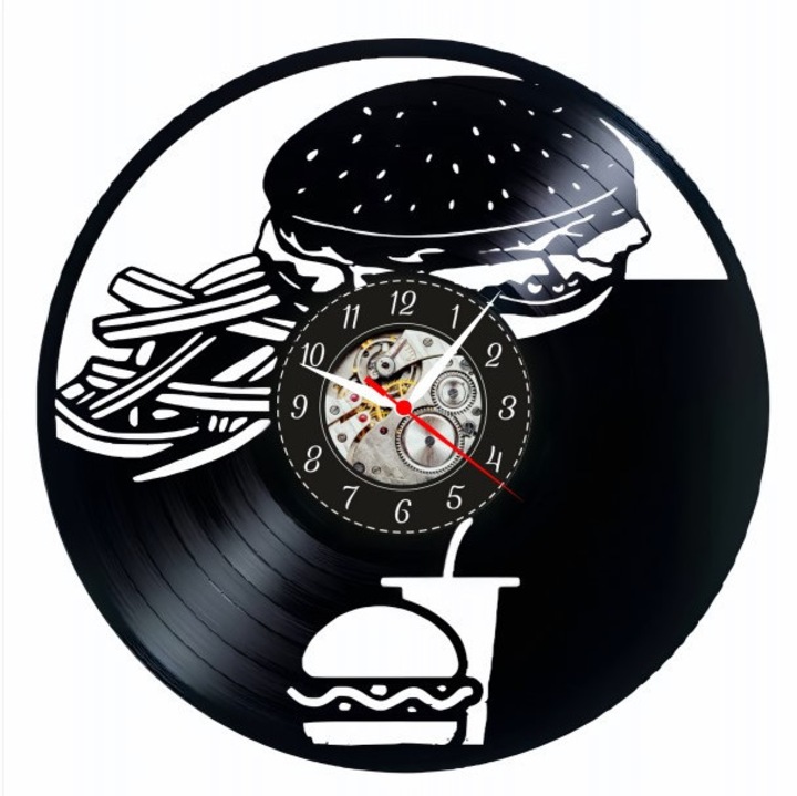 Dekoratív falióra "Fast Food Menü - Burger és Sült krumpli", bakelitlemezből (Vinyl Record) készült, gasztronómiai design, fekete, 30 cm