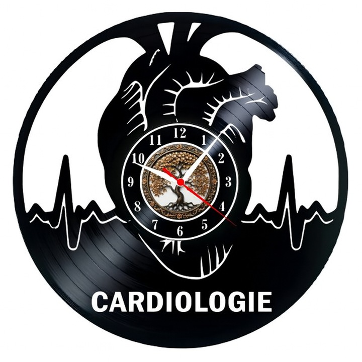 Декоративен стенен часовник Heartbeat Life Pulse, изработен от винилова плоча, Кардиологичен дизайн с Анатомично Сърце, диаметър 30 см, Черен