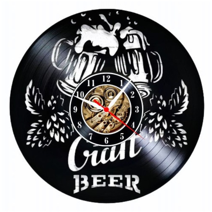 Dekoratív falióra "Craft Beer - Brewmaster Edition", bakelit lemezből (Vinyl Record), Bár & Gasztró design, Fekete, 30 cm