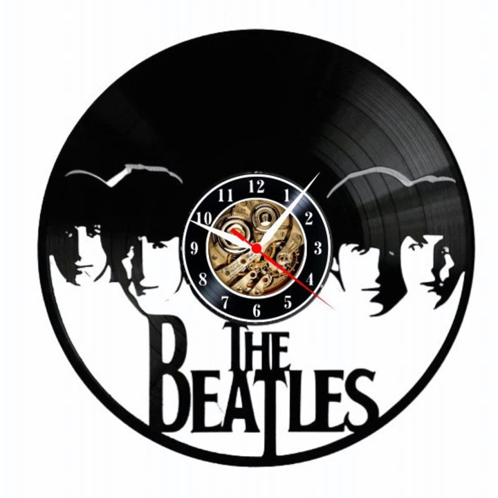 Dekoratív falióra "The Beatles - Fab Four", bakelitlemezből (Vinyl Record), Music Legends design, Fekete, 30 cm