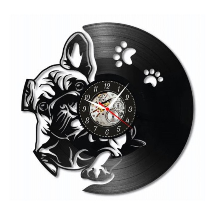 Декоративен стенен часовник "Frenchie Love - Френски булдог", изработен от винилова плоча (Vinyl Record), дизайн Домашни любимци и Животни, Черен, 30 см