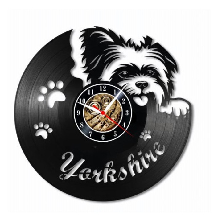 Dekoratív falióra "Yorkshire Terrier - Játékos Yorkie", bakelit lemezből (Vinyl Record) készült, Háziállatok és Állatok design