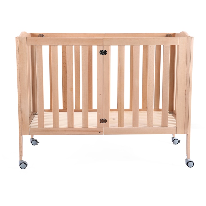 Pat Copii, Purpley® KUKKA®, Patut Bebe Pliabil Din Lemn Natural, Design Compact Si Functional, Structura Solida Si Stabila, Patut Cu Roti Pentru Mutare Usoara, Usor De Pliat Si Depozitat, Sigur Pentru Somnul Bebelusului, 124x64x98 Cm, Natur