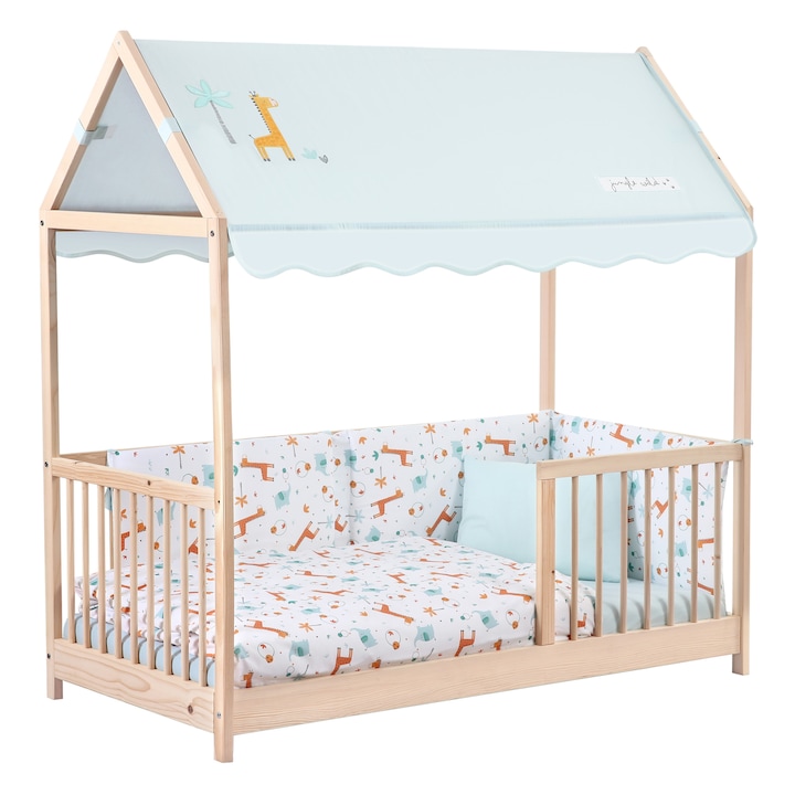 Pat Copii Montessori, Purpley® KUKKA®, Pat Montessori Pentru Copii, Zona De Joaca Si Odihna, Structura Din Lemn Masiv Natural, Laterale De Protectie Pentru Siguranta, Design Educativ Montessori, 70x140 Cm, Potrivit Pentru Copii Mici, Albastru