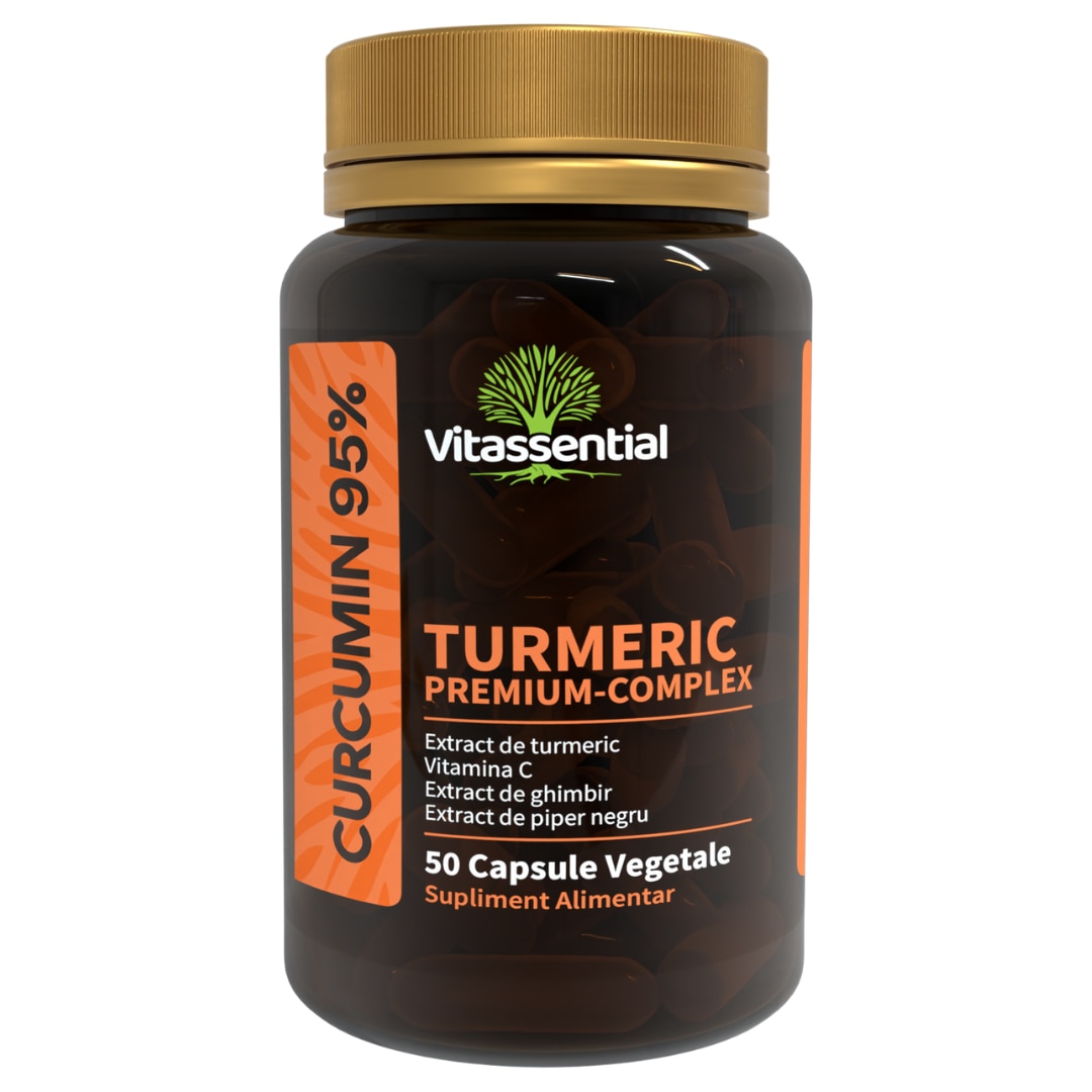 Turmeric Premium Complex Curcumin 95%, Vitassential, extract de radacina de Curcuma Longa (95% Curcumina) cu Ghimbir, Piper Negru si Vitamina C intr-o singura pastila Forte, 50 capsule