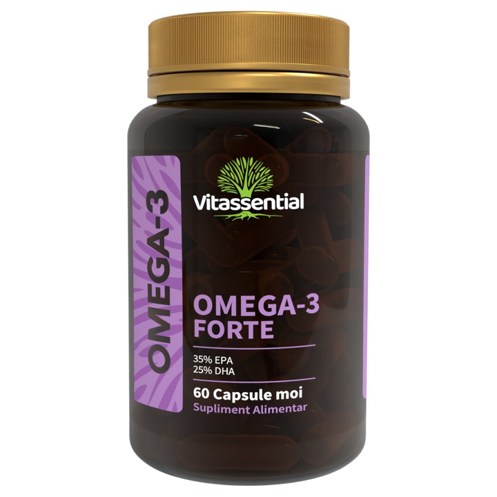Omega 3 Forte, Vitassential, 350 mg EPA si 250 mg DHA, capsule cu extract din ulei de peste (Fish Oil) si Vitamina E, sursa de acizi grasi benefici pentru colesterol si trigliceride, 60 pastile