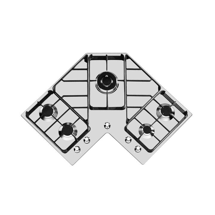 Plita incorporabila pe gaz Foster, Angolare, 83 cm, 5 arzatoare, instalare pe blat/la nivelul blatului, consum redus, aprindere electrica, grilaj robust fonta, comutatoare rotative, finisaj periat, usor de curatat, design modern, made in Italy, inox
