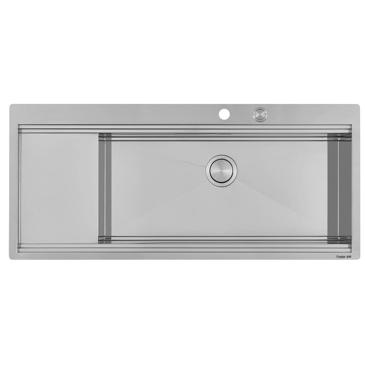 Chiuveta de bucatarie premium Foster, Milanello R, 117 x 52 cm, 1 cuva, picurator, montare la nivelul blatului/pe blat, 2 orificii standard pentru baterie, material otel inoxidabil, sifon si preaplin incluse, made in Italy, inox