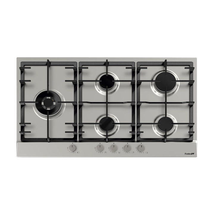 Plita incorporabila pe gaz Foster, Power, 86 cm, 5 arzatoare, instalare pe blat/la nivelul blatului, consum redus, aprindere electrica, grilaj robust fonta, comutatoare rotative, finisaj periat, usor de curatat, design modern, made in Italy, inox