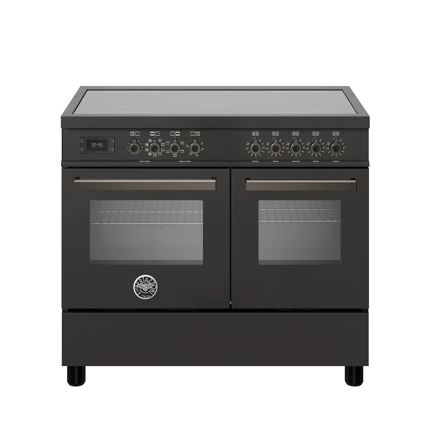 Aragaz cu plita pe inductie Bertazzoni, colectie Professional, latime 100 cm, 5 zone, 2 cuptoare electrice 123 l, temperatura reglabila max. 250°C, 11 functii de gatit, convectie, iluminare interioara, sticla triplustratificata, antracit