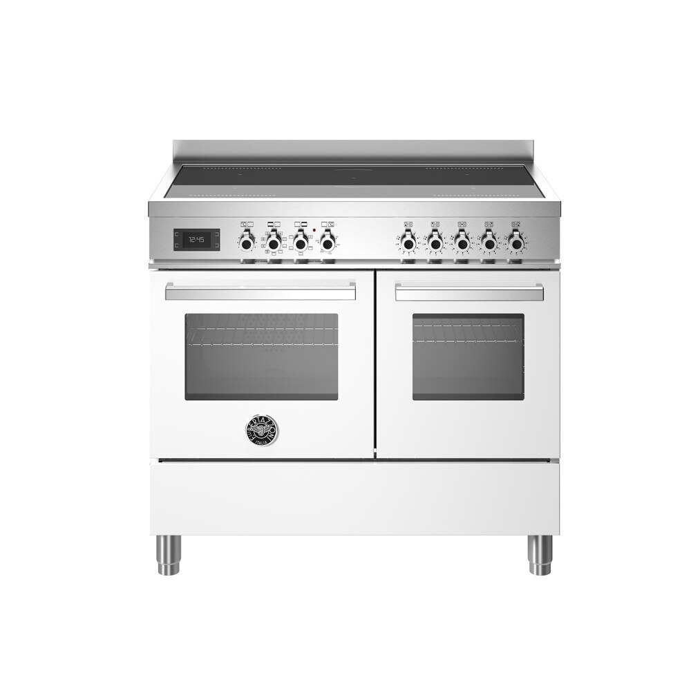 Aragaz cu plita pe inductie Bertazzoni, colectie Professional, latime 100 cm, 5 zone, 2 cuptoare electrice 123 l, temperatura reglabila max. 250°C, 11 functii de gatit, convectie, iluminare interioara, sticla triplustratificata, alb