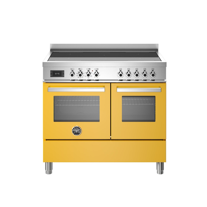 Aragaz cu plita pe inductie Bertazzoni, colectie Professional, latime 100 cm, 5 zone, 2 cuptoare electrice 123 l, temperatura reglabila max. 250°C, 11 functii de gatit, convectie, iluminare interioara, sticla triplustratificata, galben