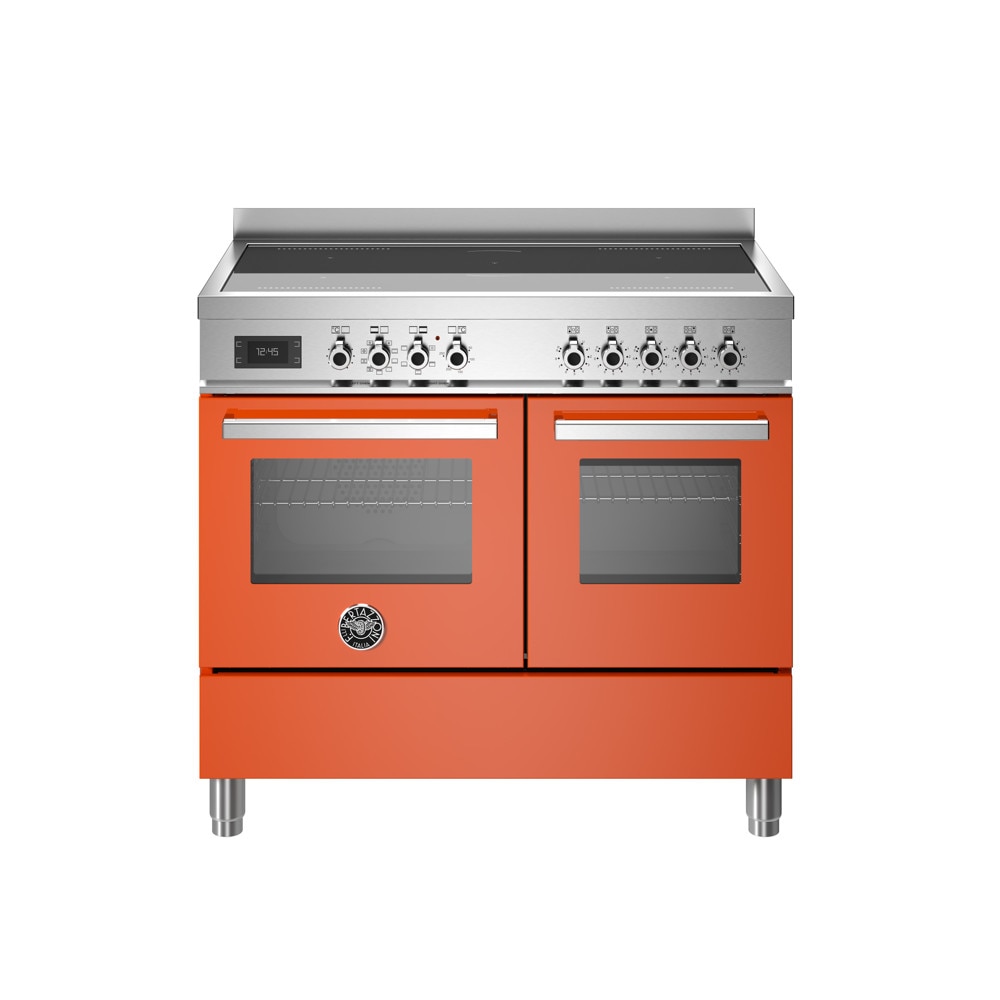 Aragaz cu plita pe inductie Bertazzoni, colectie Professional, latime 100 cm, 5 zone, 2 cuptoare electrice 123 l, temperatura reglabila max. 250°C, 11 functii de gatit, convectie, iluminare interioara, sticla triplustratificata, portocaliu