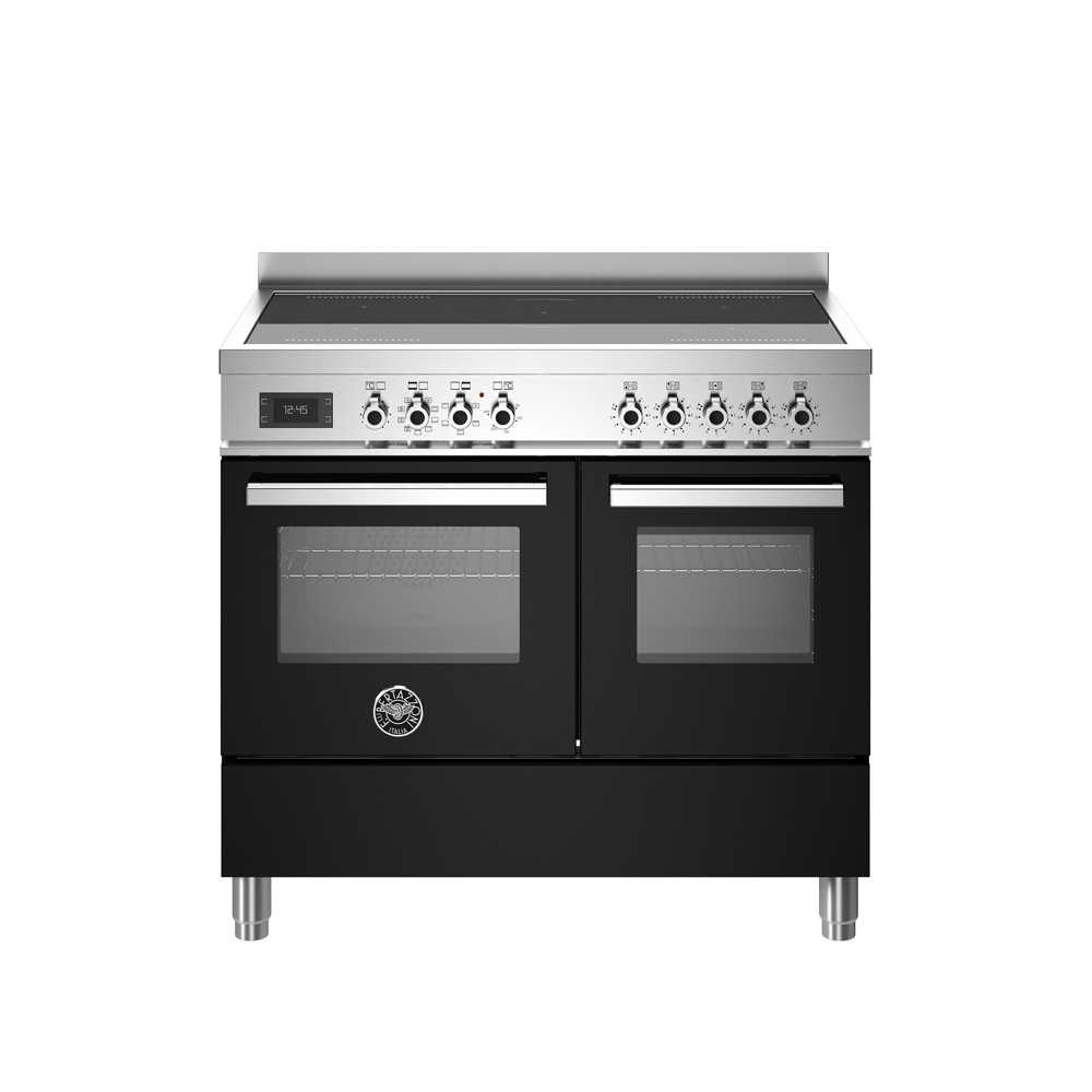 Aragaz cu plita pe inductie Bertazzoni, colectie Professional, latime 100 cm, 5 zone, 2 cuptoare electrice 123 l, temperatura reglabila max. 250°C, 11 functii de gatit, convectie, iluminare interioara, sticla triplustratificata, negru