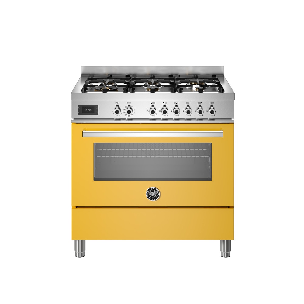 Aragaz cu plita pe gaz Bertazzoni, colectie Professional, 90 cm, 6 arzatoare, cuptor electric, capacitate 103 litri, 11 moduri de gatire, temperatura reglabila, termometru cu sonda integrat, panou de control tactil, usa cu inchidere soft-close, galben