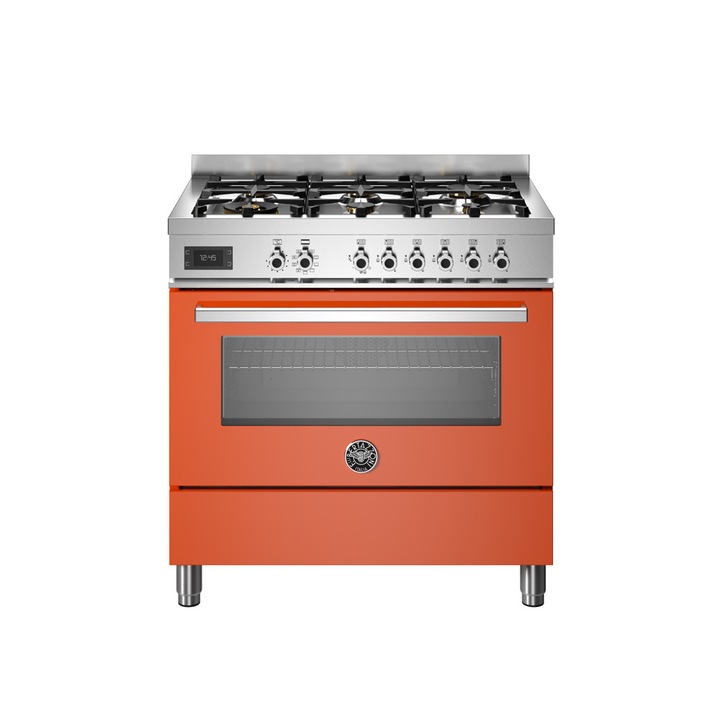 Aragaz cu plita pe gaz Bertazzoni, colectie Professional, 90 cm, 6 arzatoare, cuptor electric, capacitate 103 litri, 11 moduri de gatire, temperatura reglabila, termometru cu sonda integrat, panou de control tactil, usa cu inchidere soft-close, portocaliu